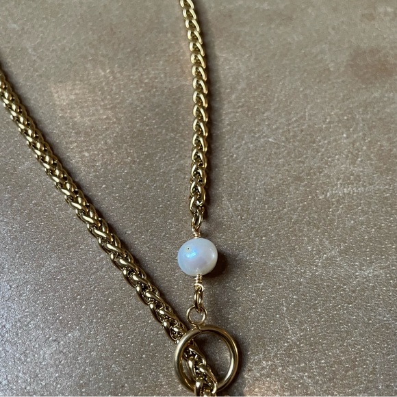 Freshwater pearl lariat toggle gold plated woven chain necklace boho layer white - Picture 4 of 8
